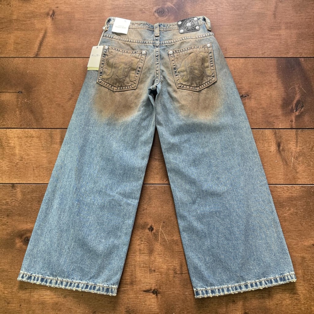 NEW Miss Me Black Super Baggy Wide Leg Jeans 27x30 Vintage Blue Sandblasted NWT